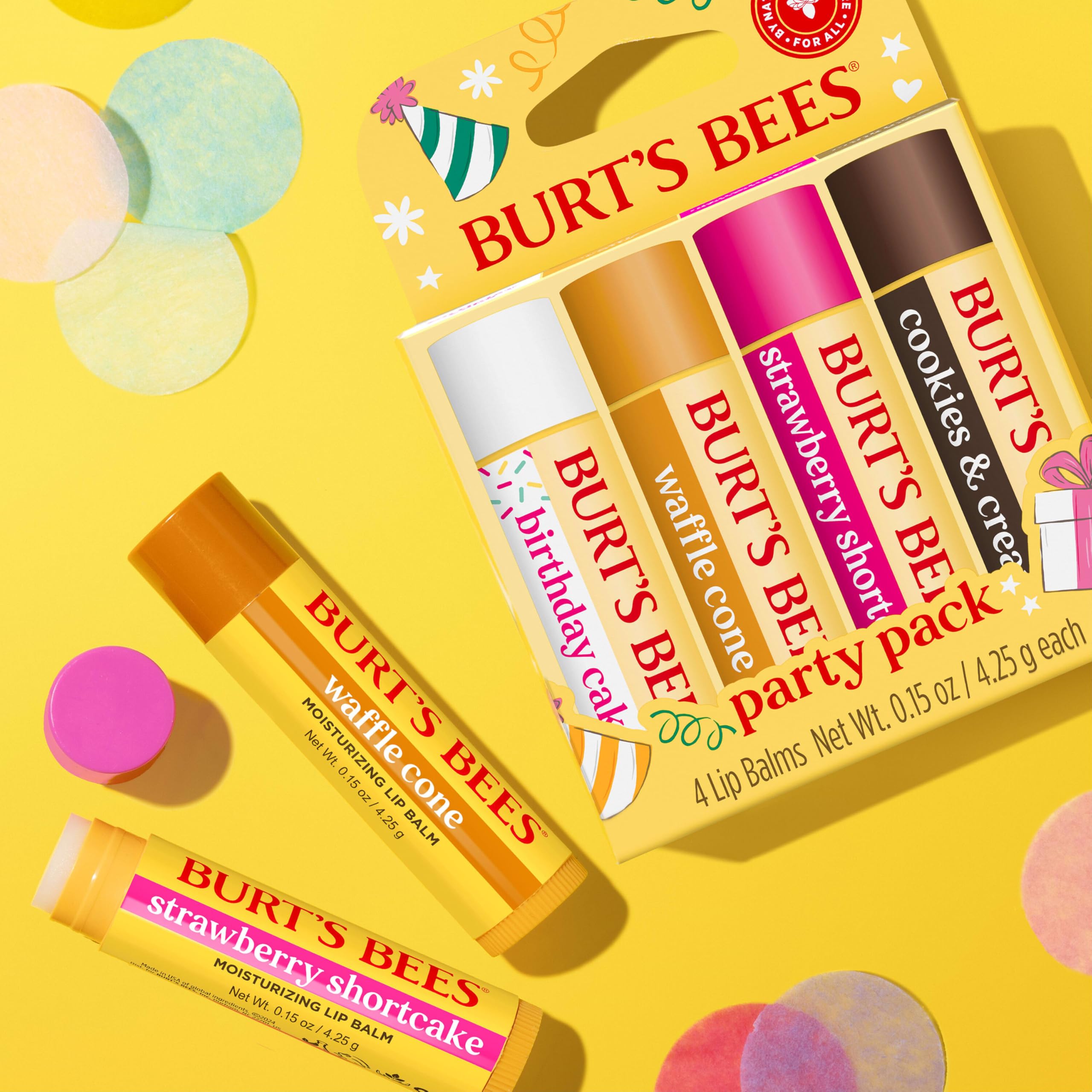 Burt's Bees closeup of Birthday Cake tube highlighting flavor and smooth application