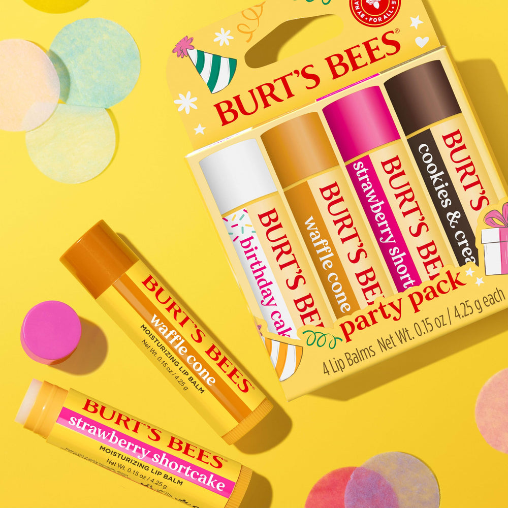 Burt's Bees closeup of Birthday Cake tube highlighting flavor and smooth application