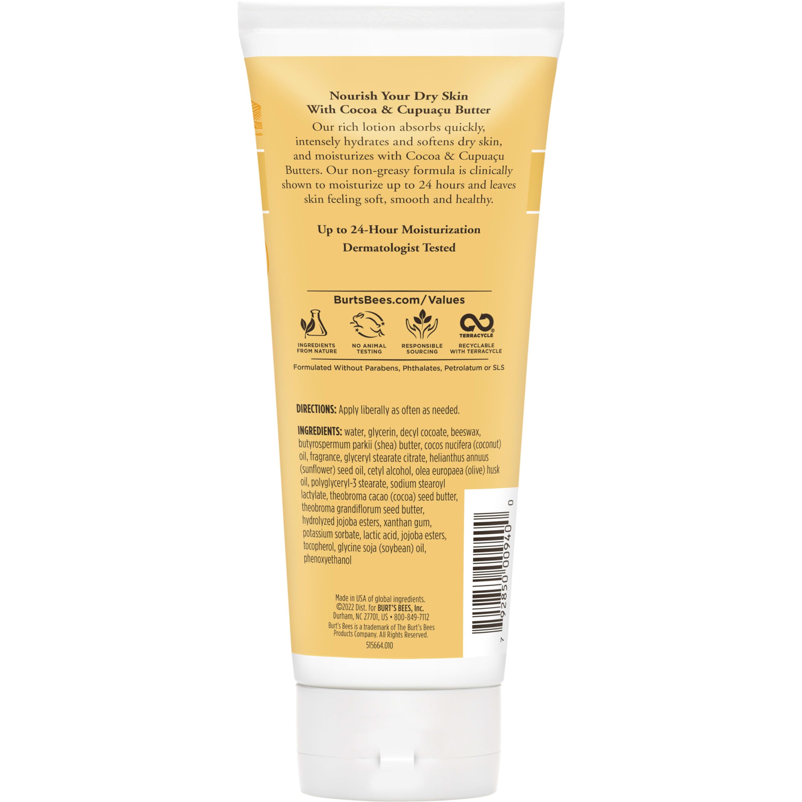 Burt's Bees cocoa and cupuaçu butters close-up, highlights rich botanical nourishment