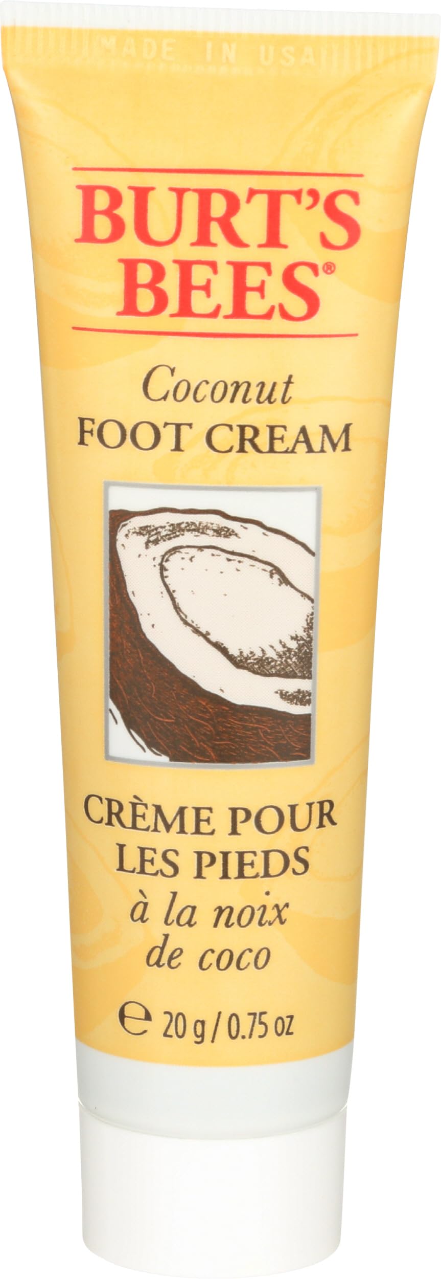 Burt's Bees front tube view showing compact coconut foot cream and portability