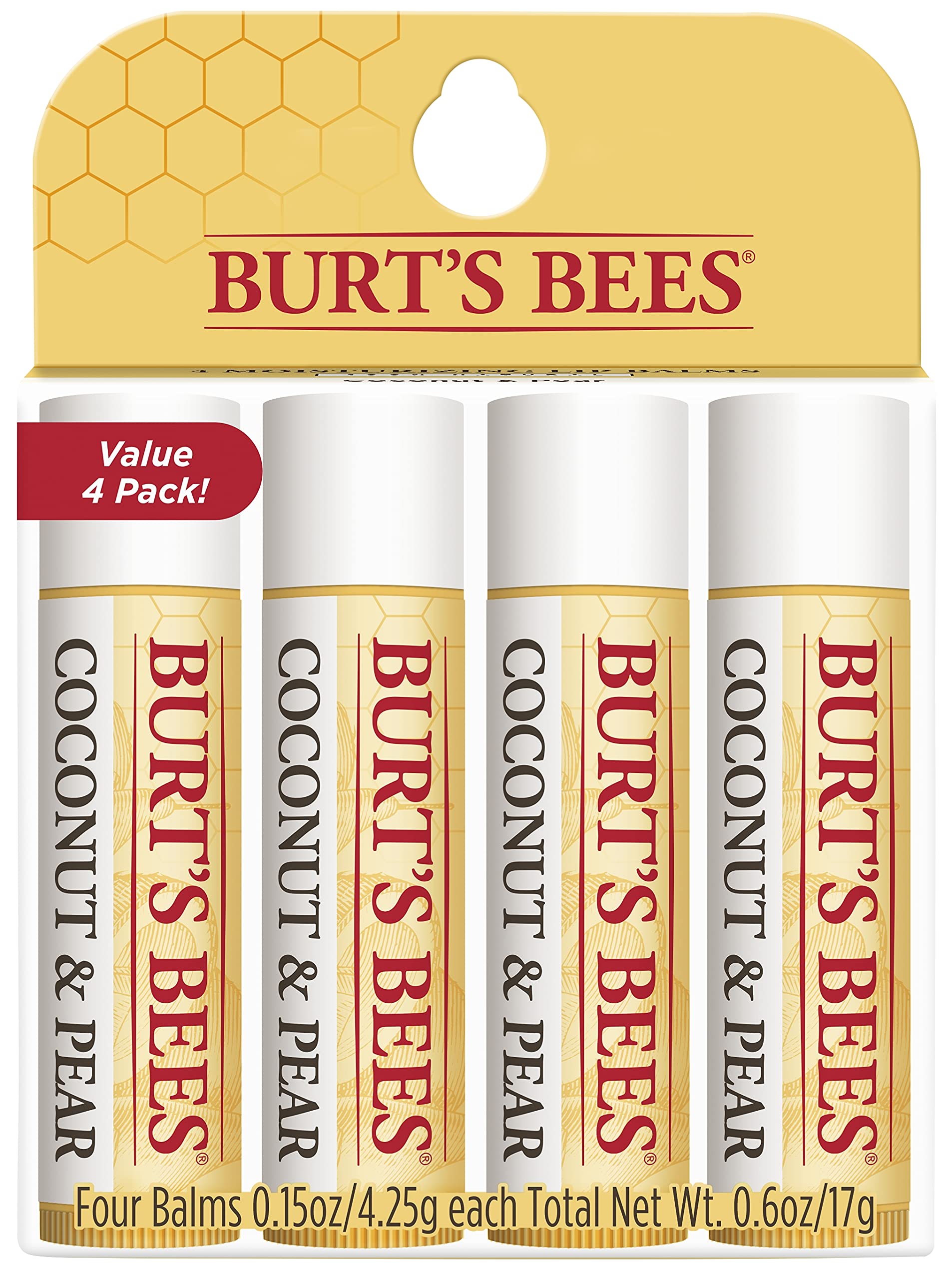 Burt's Bees front packaging showing four Coconut & Pear tubes and brand benefit
