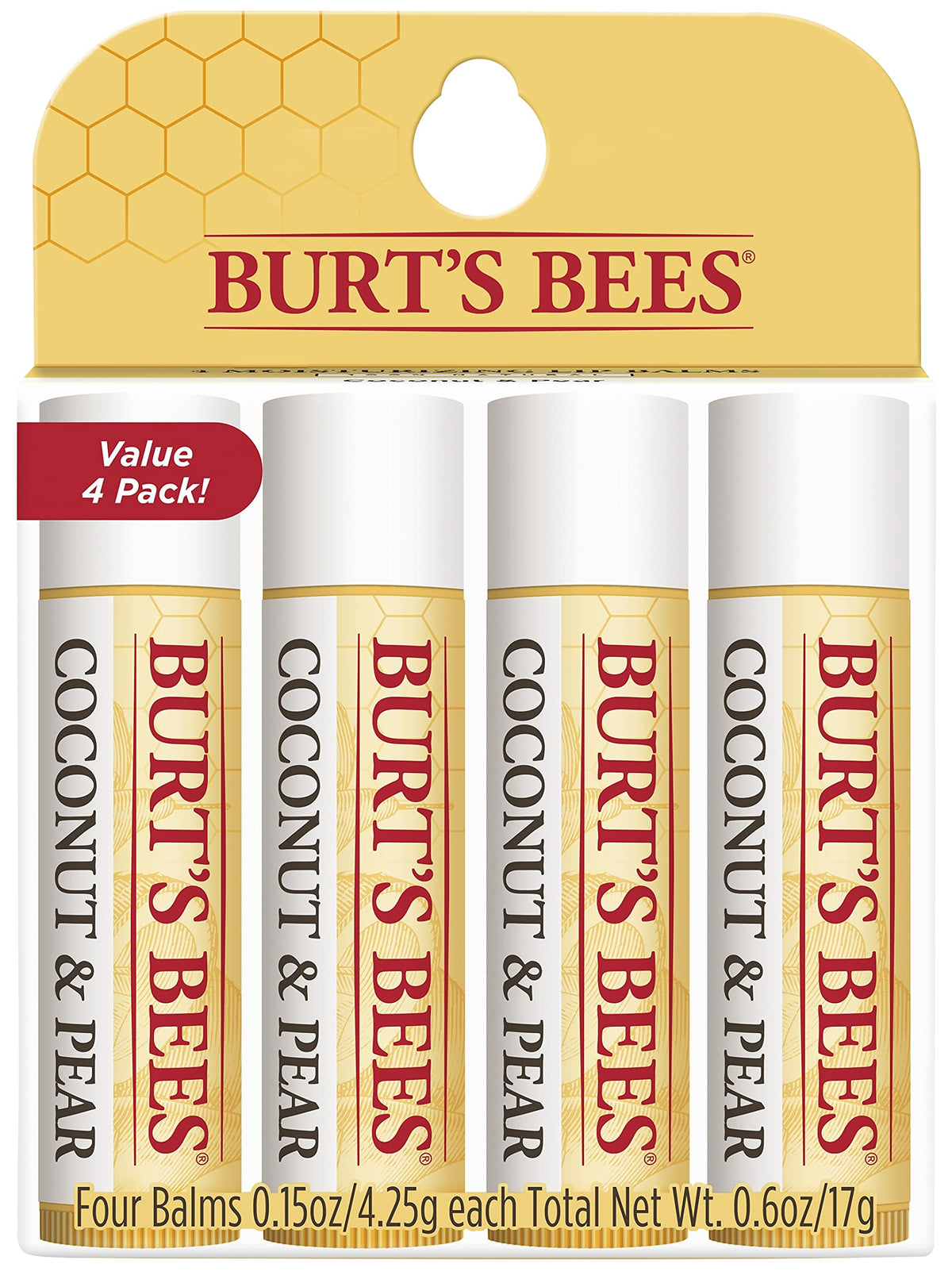 Burt's Bees front packaging showing four Coconut & Pear tubes and brand benefit