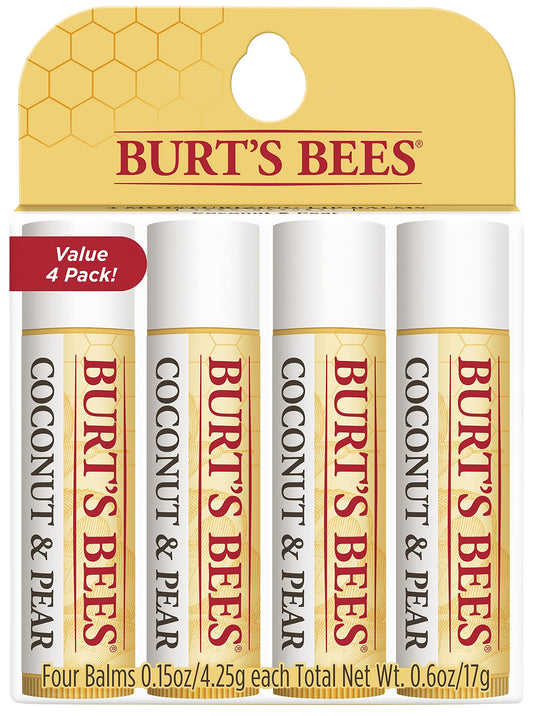 Burt's Bees front packaging showing four Coconut & Pear tubes and brand benefit
