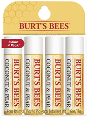 Burt's Bees front packaging showing four Coconut & Pear tubes and brand benefit