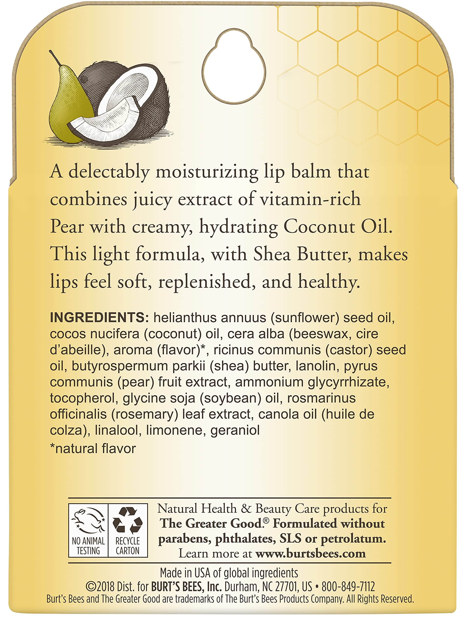 Burt's Bees label close-up showing ingredient callouts and transparency benefit