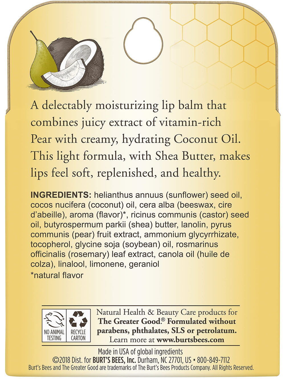 Burt's Bees label close-up showing ingredient callouts and transparency benefit