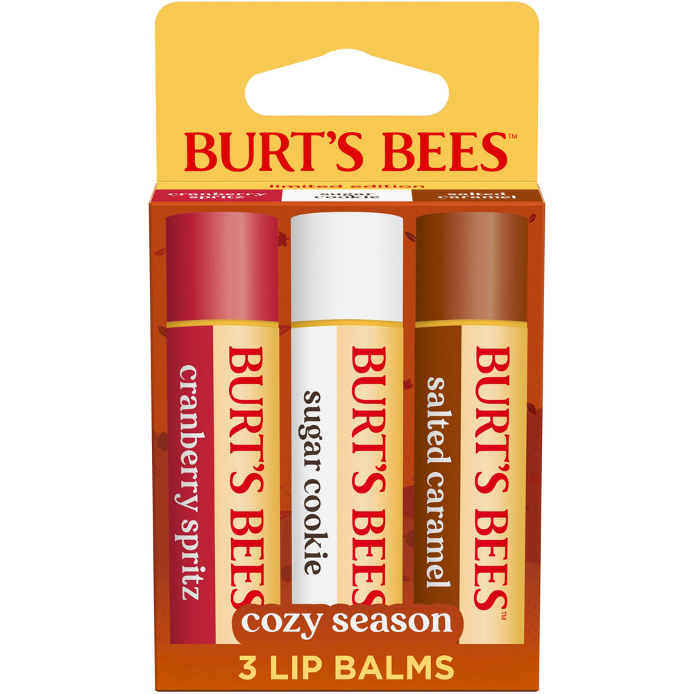Burt's Bees front packaging showing three seasonal lip balms and gift-ready design