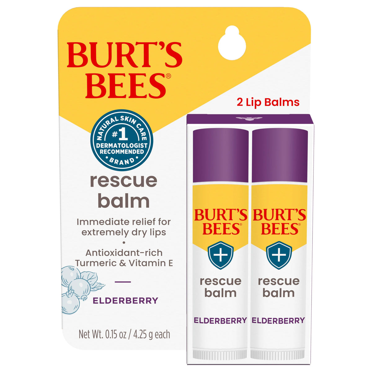 Burt's Bees elderberry front view showing two tubes and clear packaging for easy carry