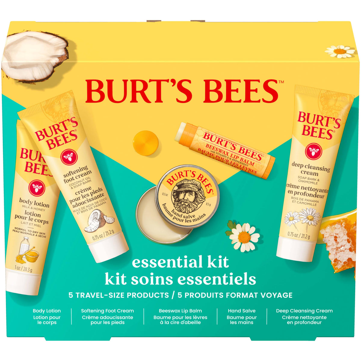 Burt's Bees front packaging of 5-piece essentials kit showing complete gift set benefits