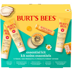 Burt's Bees front packaging of 5-piece essentials kit showing complete gift set benefits