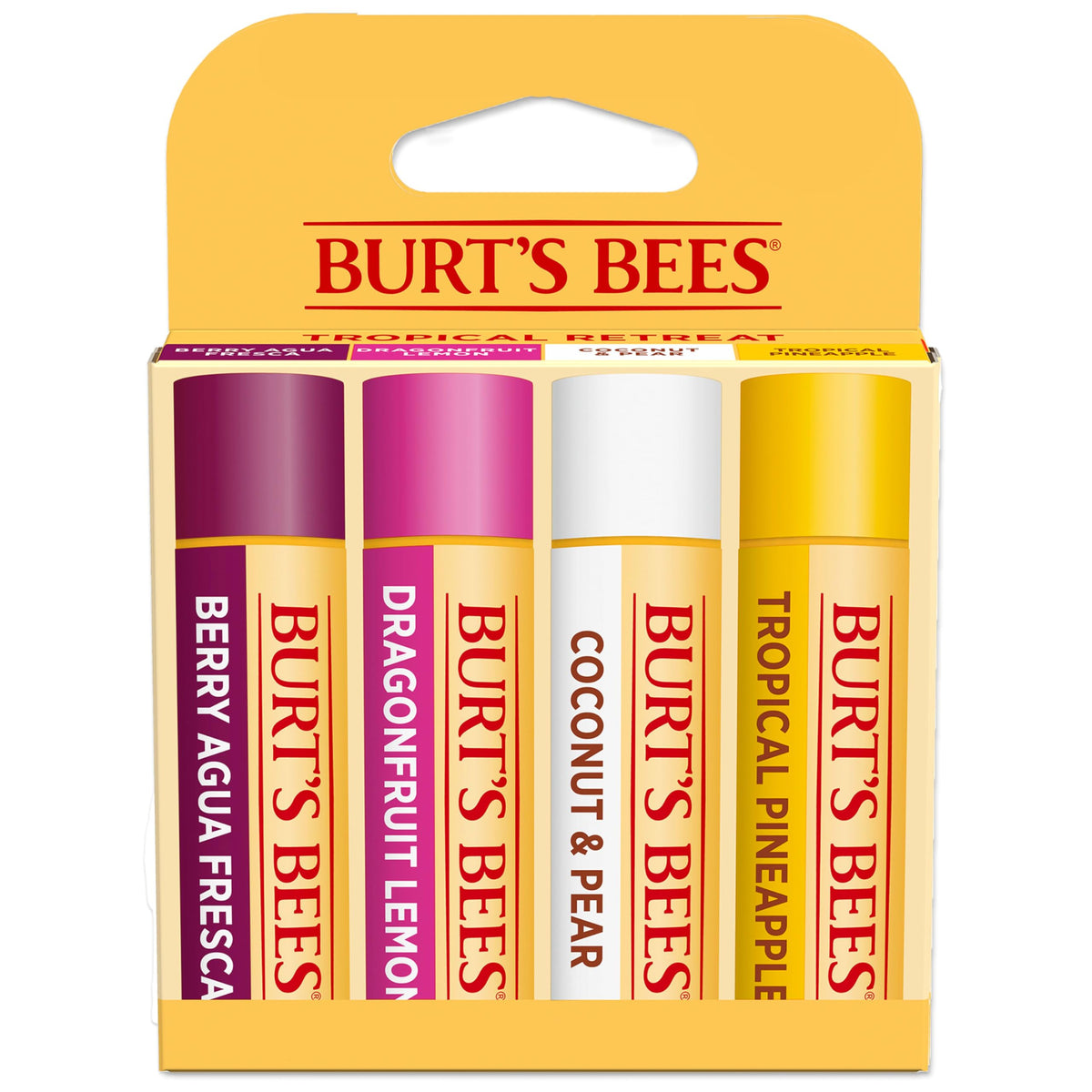 Burt's Bees front-packaging showing four flavored balm tubes and clear benefits