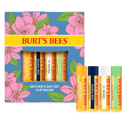 Burt's Bees front packaging showing four-flavor balm gift set and easy gifting