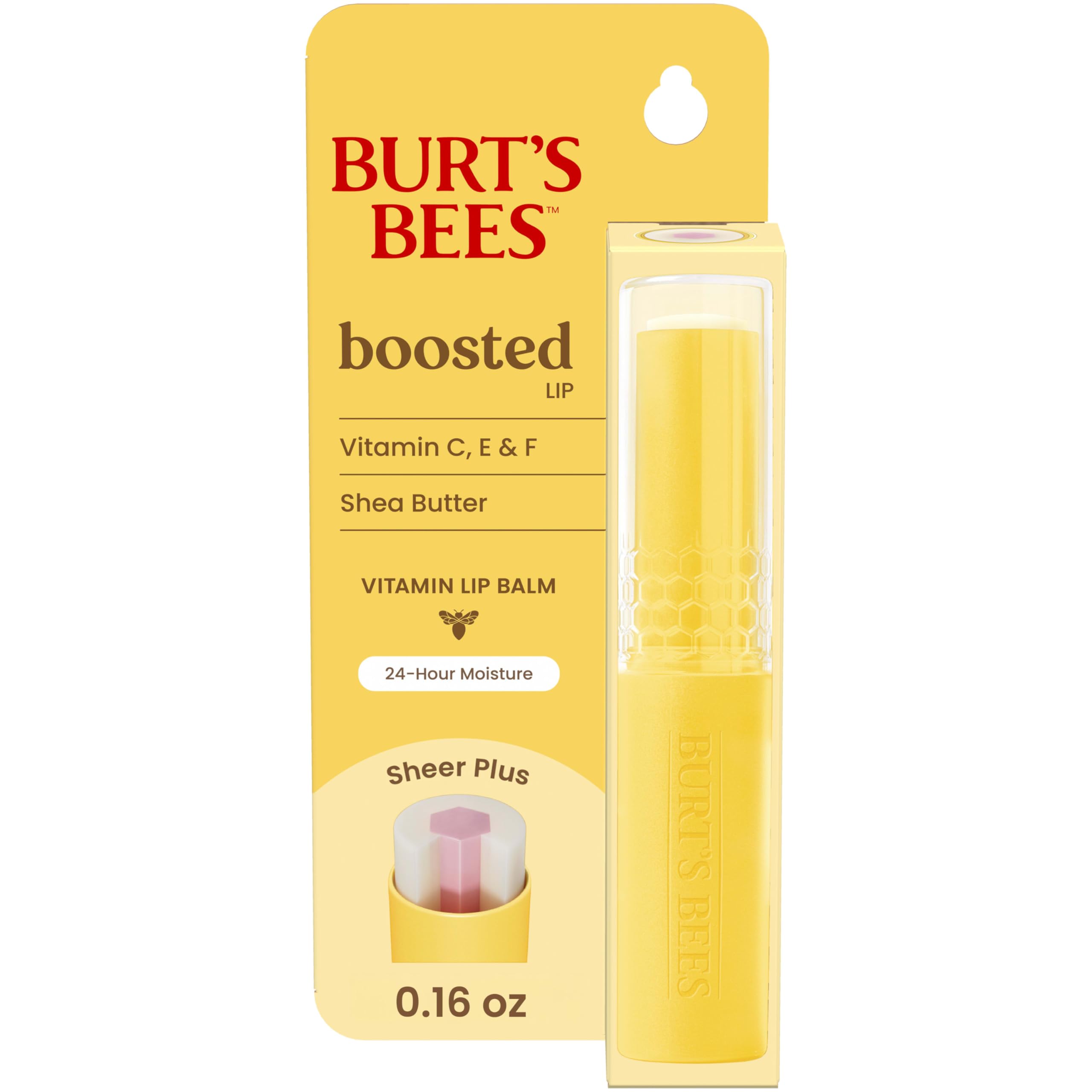 Burt's Bees front packaging showing Boosted Lip Balm Sheer Plus and natural-origin benefits