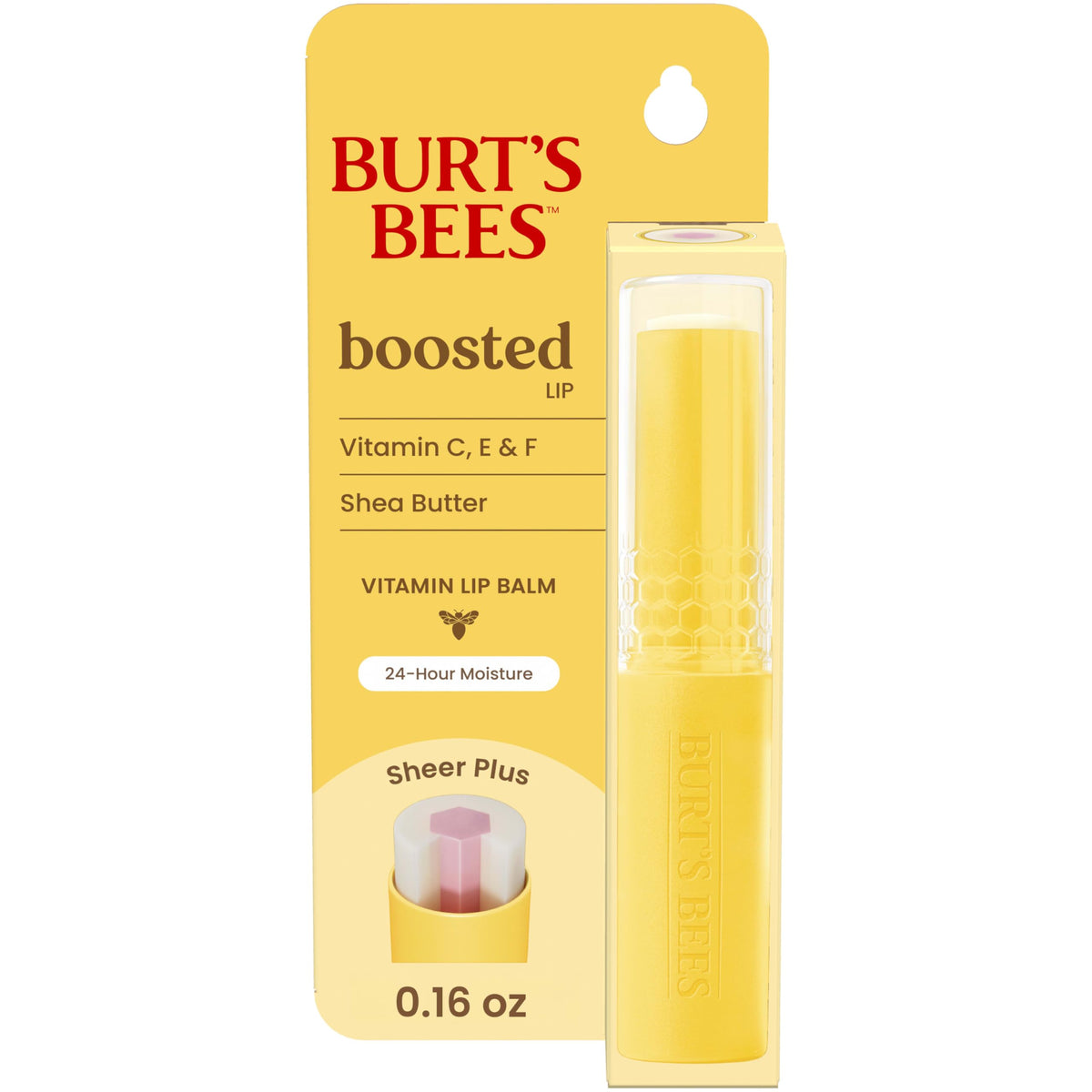 Burt's Bees front packaging showing Boosted Lip Balm Sheer Plus and natural-origin benefits