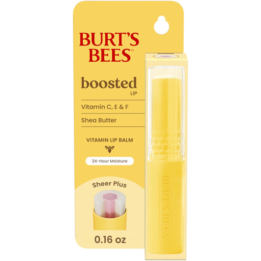 Burt's Bees front packaging showing Boosted Lip Balm Sheer Plus and natural-origin benefits