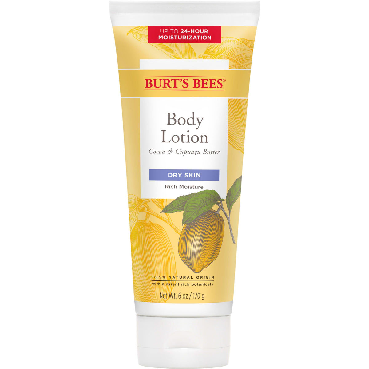 Burt's Bees front packaging showing cocoa and cupuaçu, conveys natural moisturization