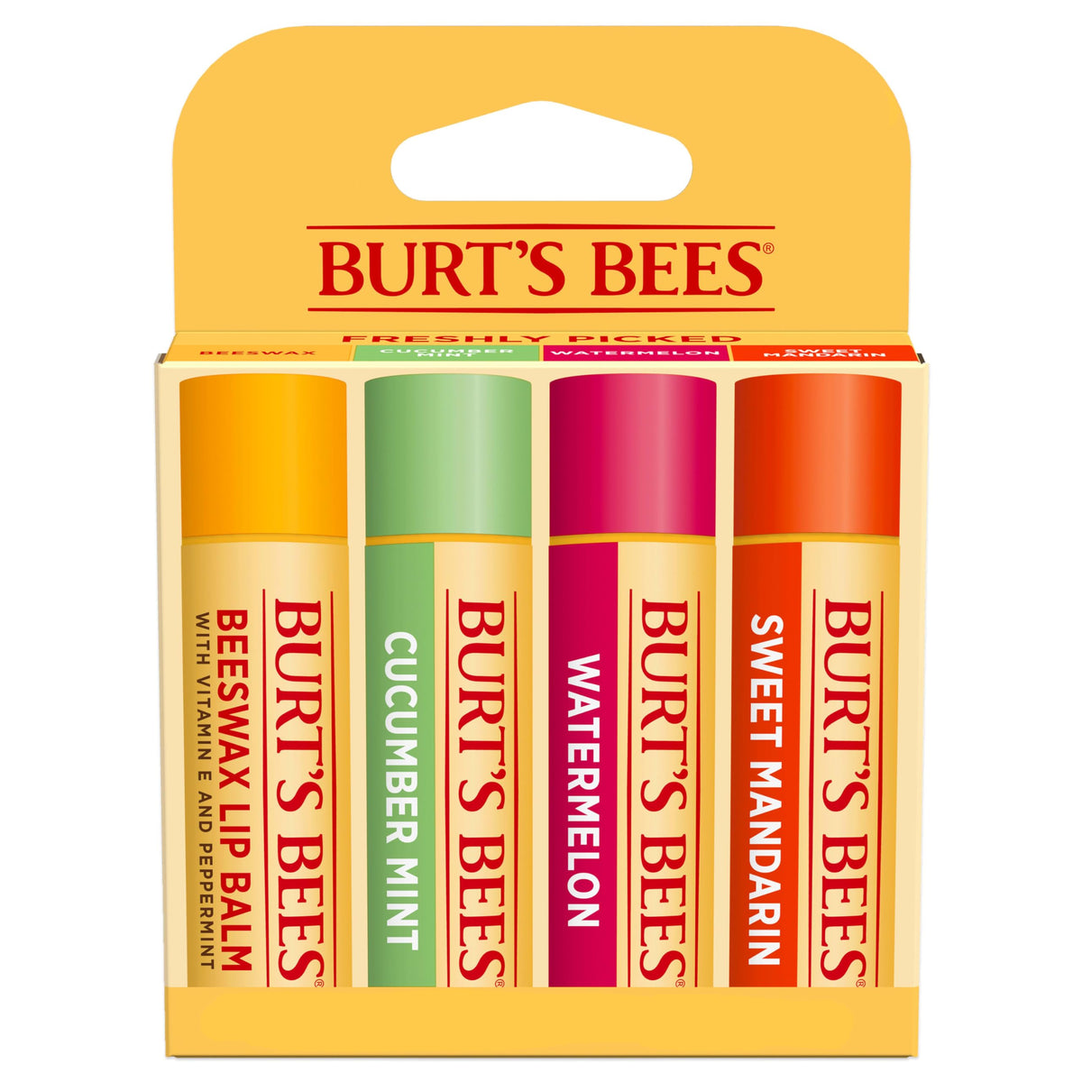 Burt's Bees front packaging showing four-flavor value pack for easy selection