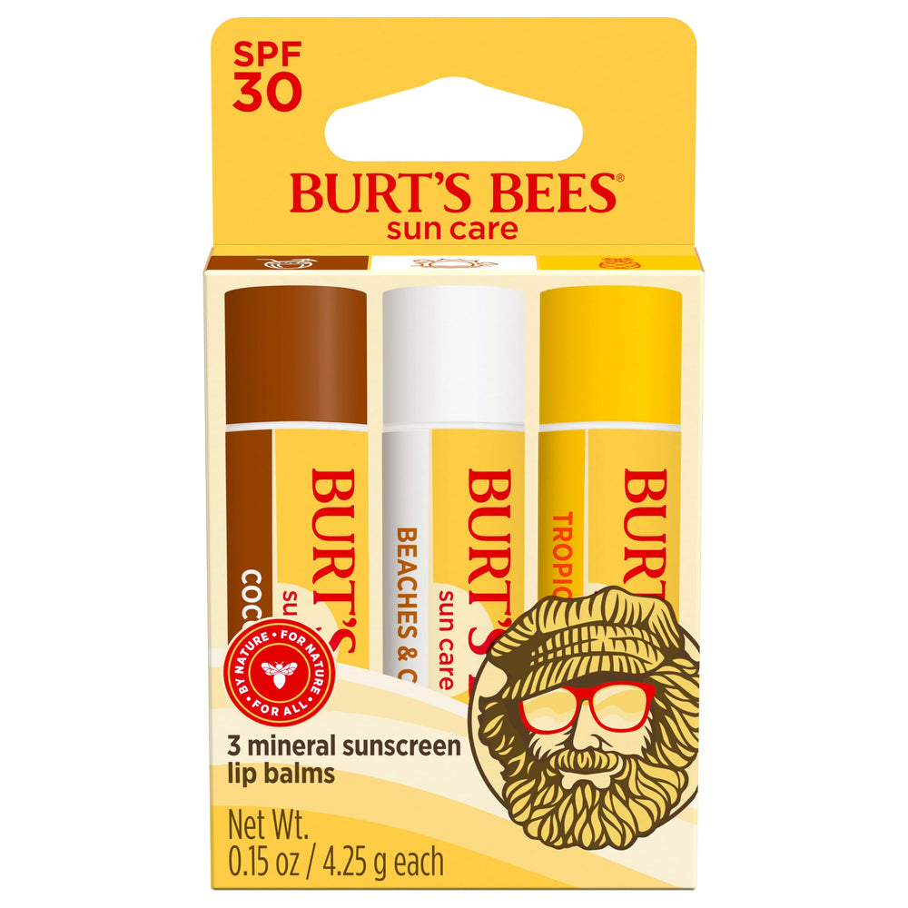 Burt's Bees front packaging of Island Getaway trio showing three tubes and benefit of SPF protection
