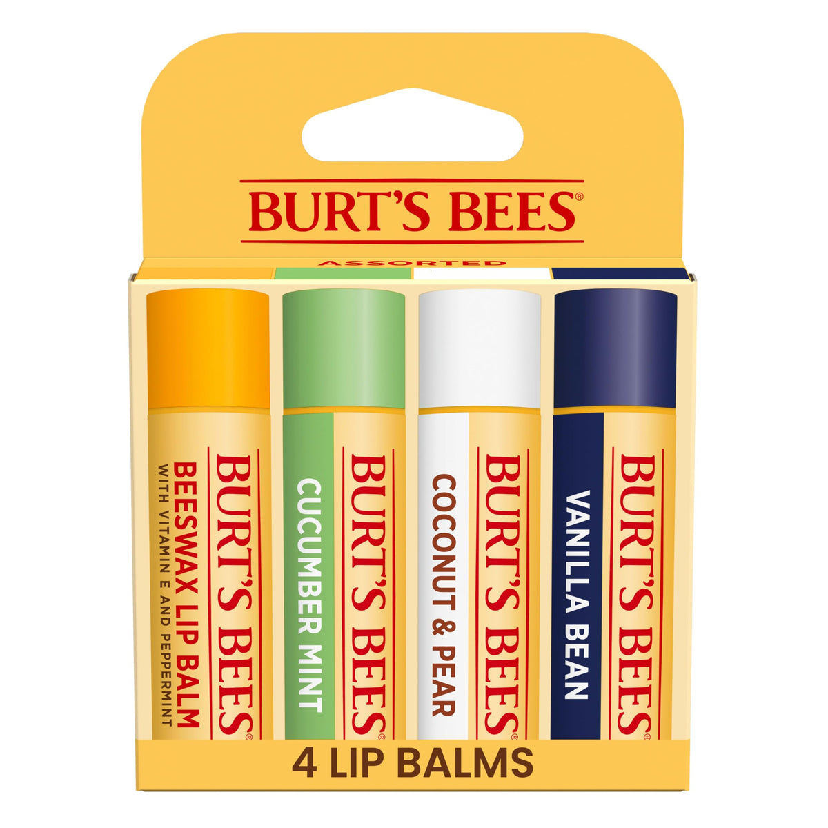 Burt's Bees multipack front packaging showing four tubes and natural branding
