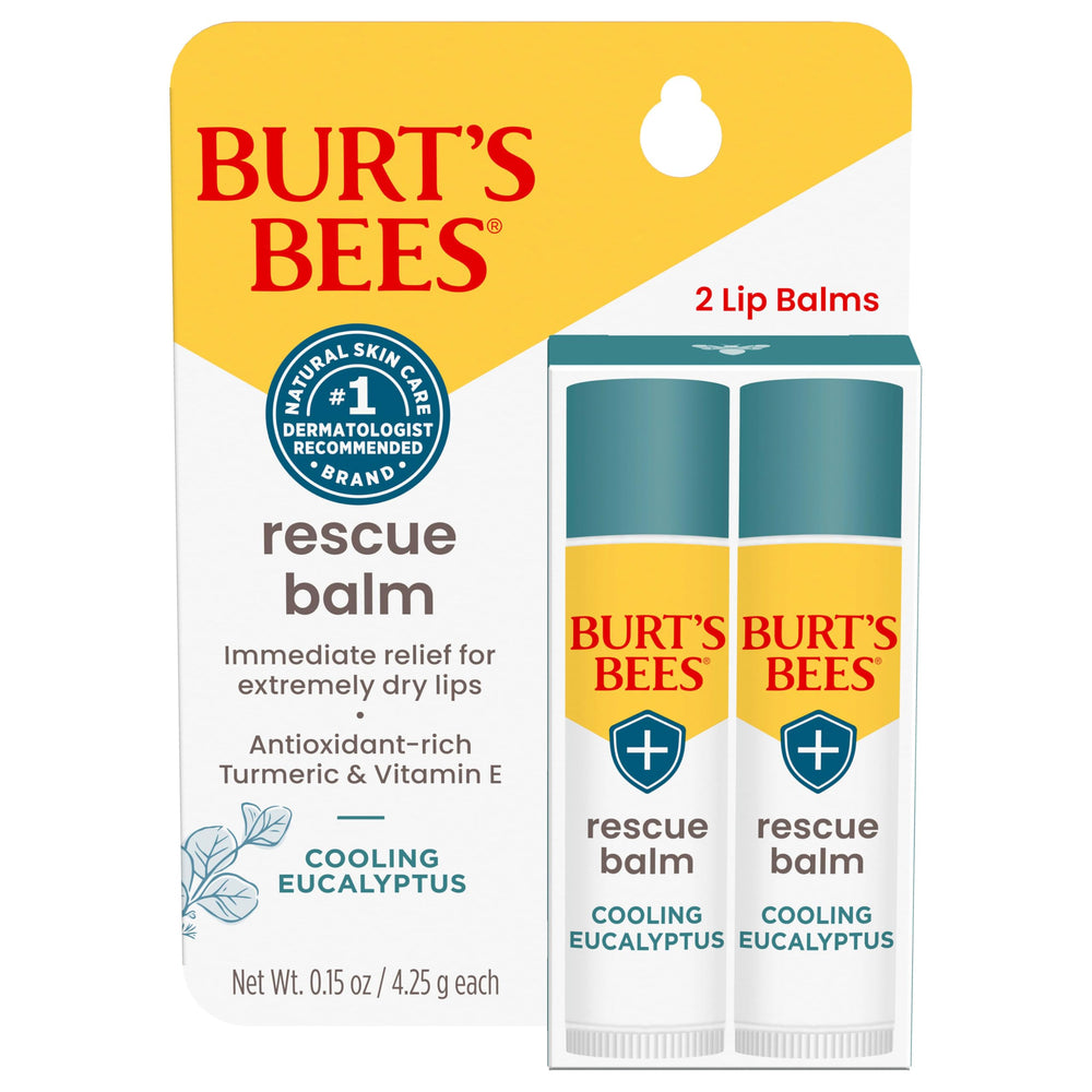 Burt's Bees front packaging showing two rescue balm tubes for portable relief