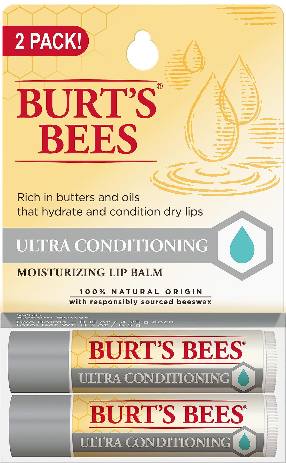 Burt's Bees front packaging showing two balm tubes and travel-friendly size benefits