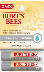 Burt's Bees front packaging showing two balm tubes and travel-friendly size benefits