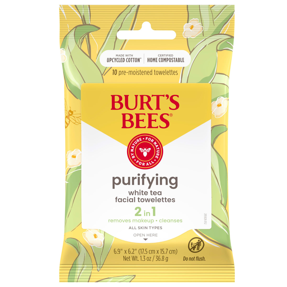 Burt's Bees front packaging showing white tea wipes and natural benefits