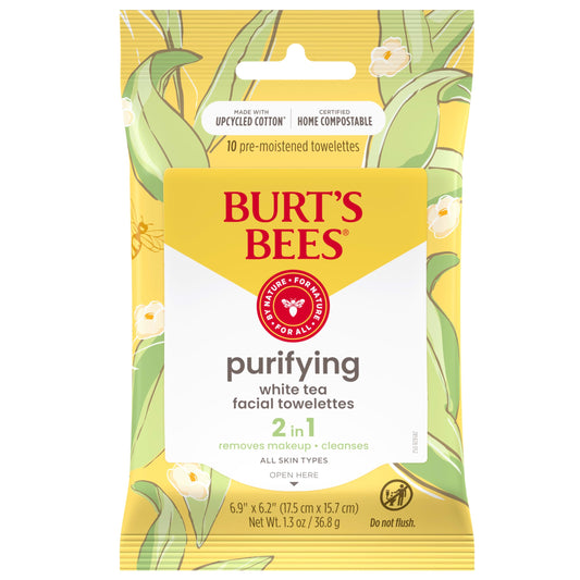 Burt's Bees front packaging showing white tea wipes and natural benefits