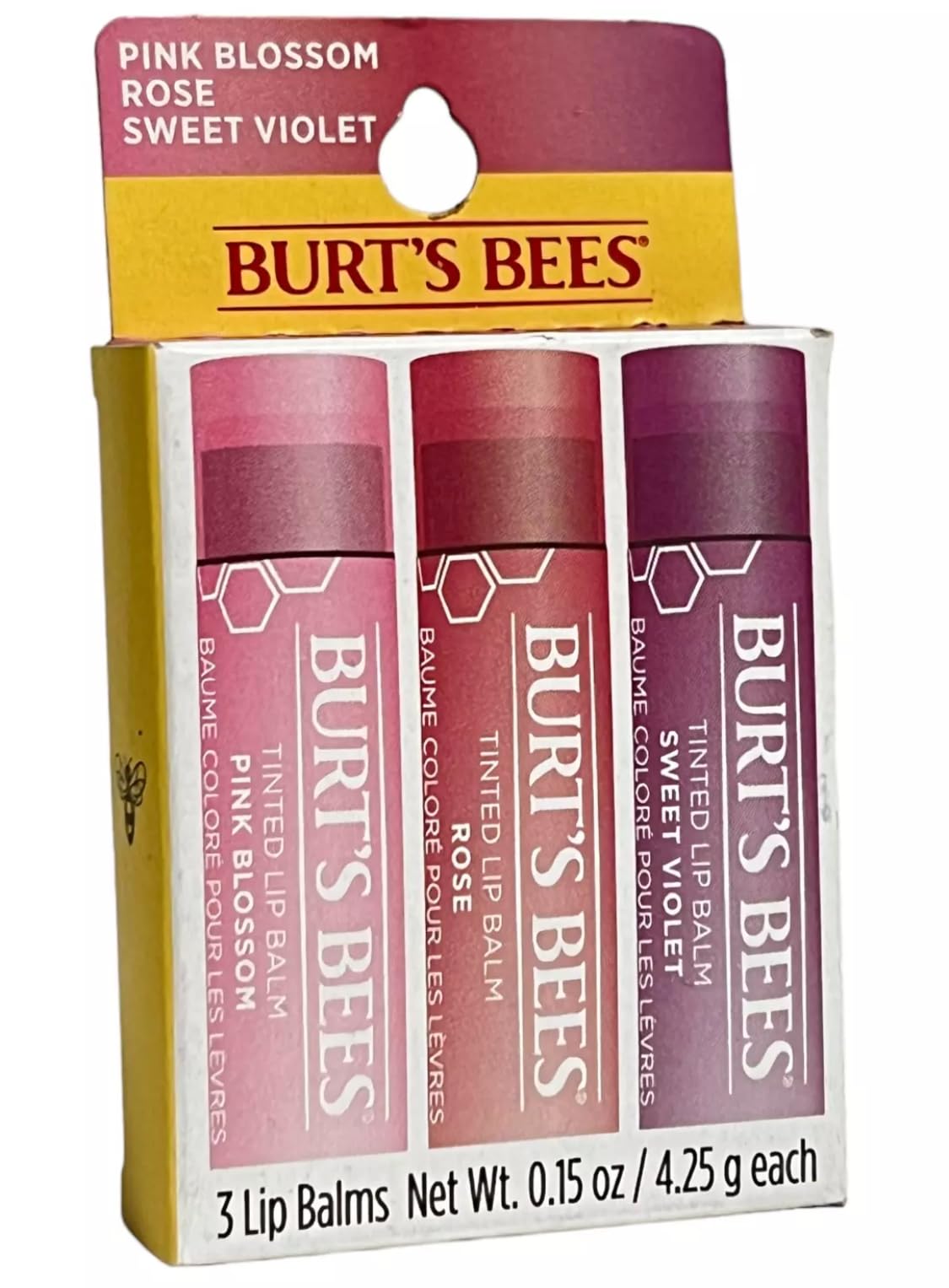 Burt's Bees front packaging showing three tinted balms and convenience