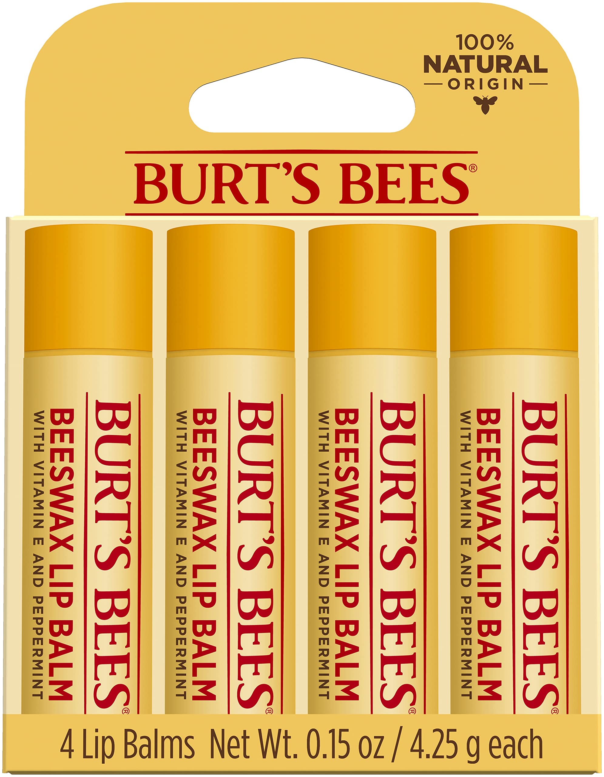 Burt's Bees front packaging showing four lip balm tubes and brand benefits