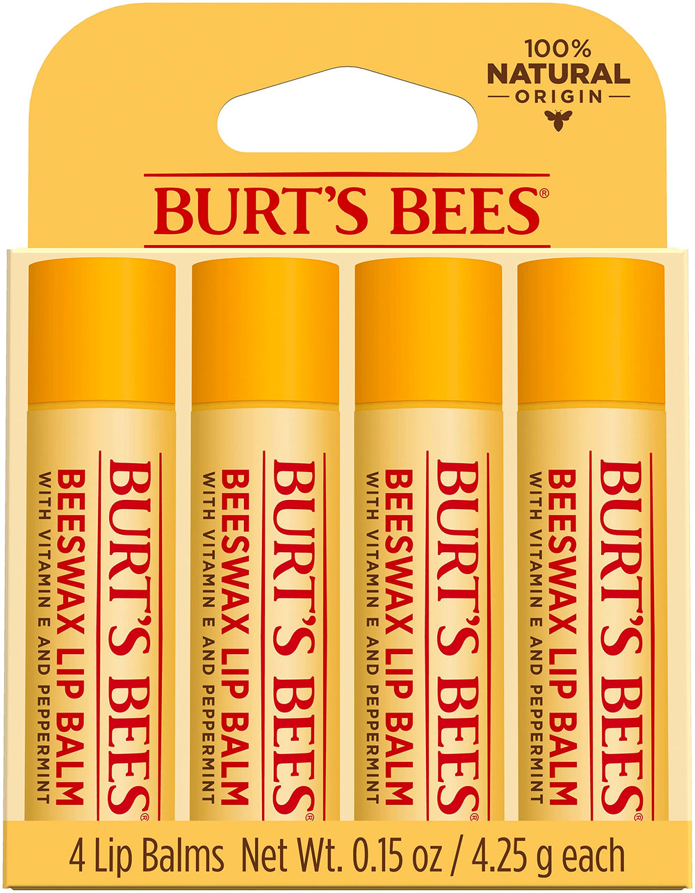 Burt's Bees front packaging showing four lip balm tubes and brand benefits