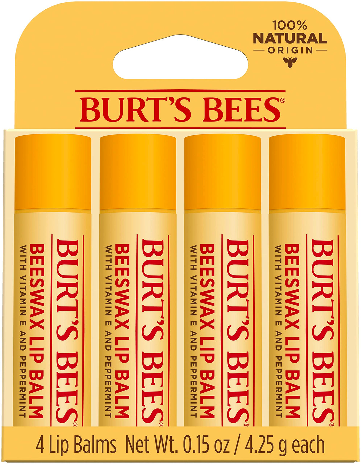 Burt's Bees front packaging showing four lip balm tubes and brand benefits
