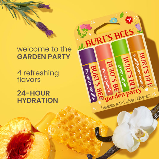 Burt's Bees four tubes arranged to display Lavender Vanilla Peach Apple Honey
