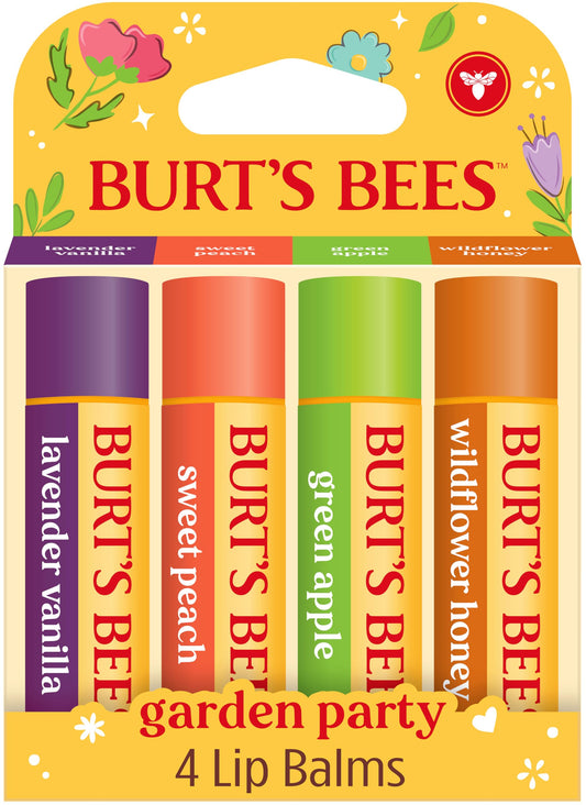 Burt's Bees front packaging showing four-flavor set and natural benefits