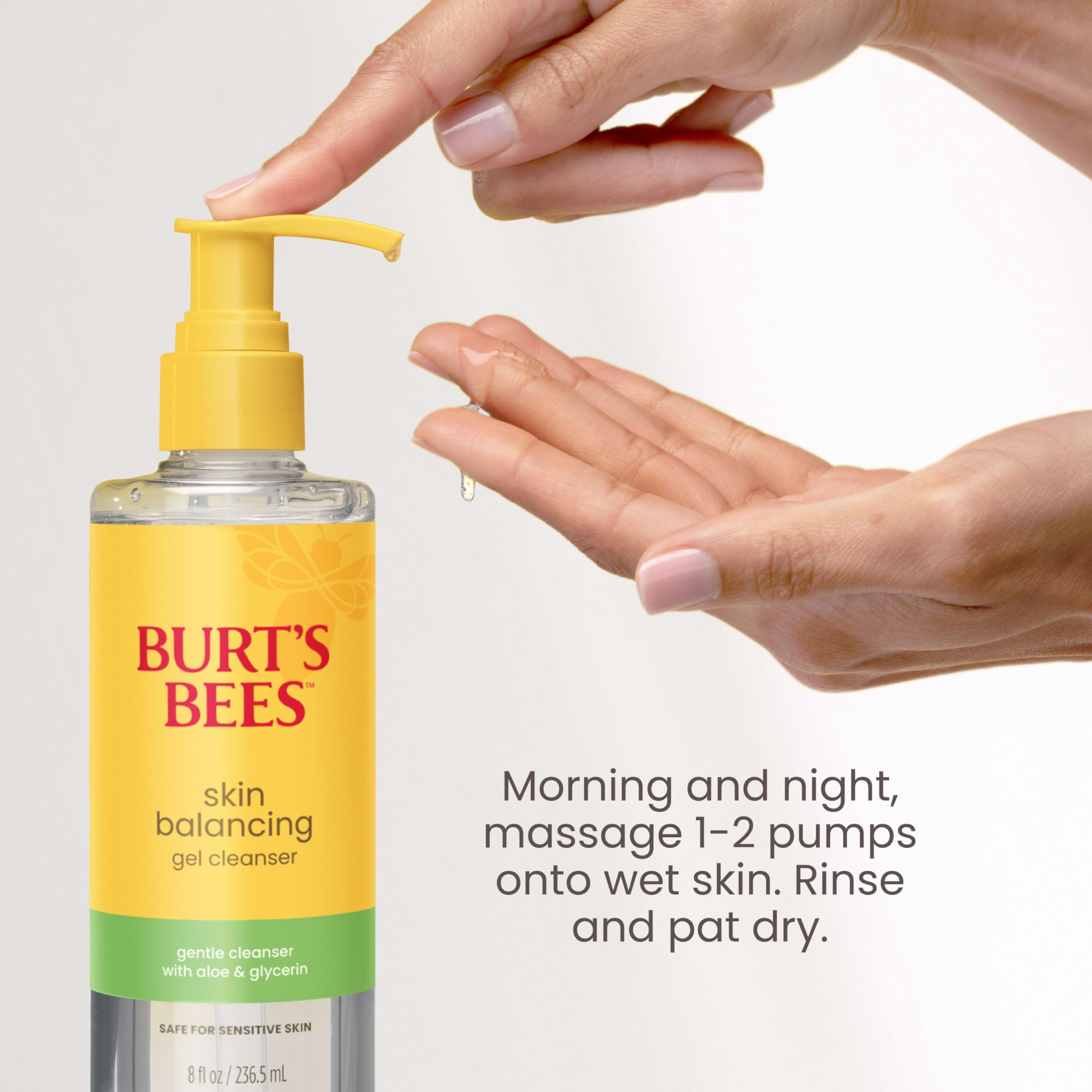 Burt's Bees gel texture on fingertip, gentle cleanse without dryness benefit