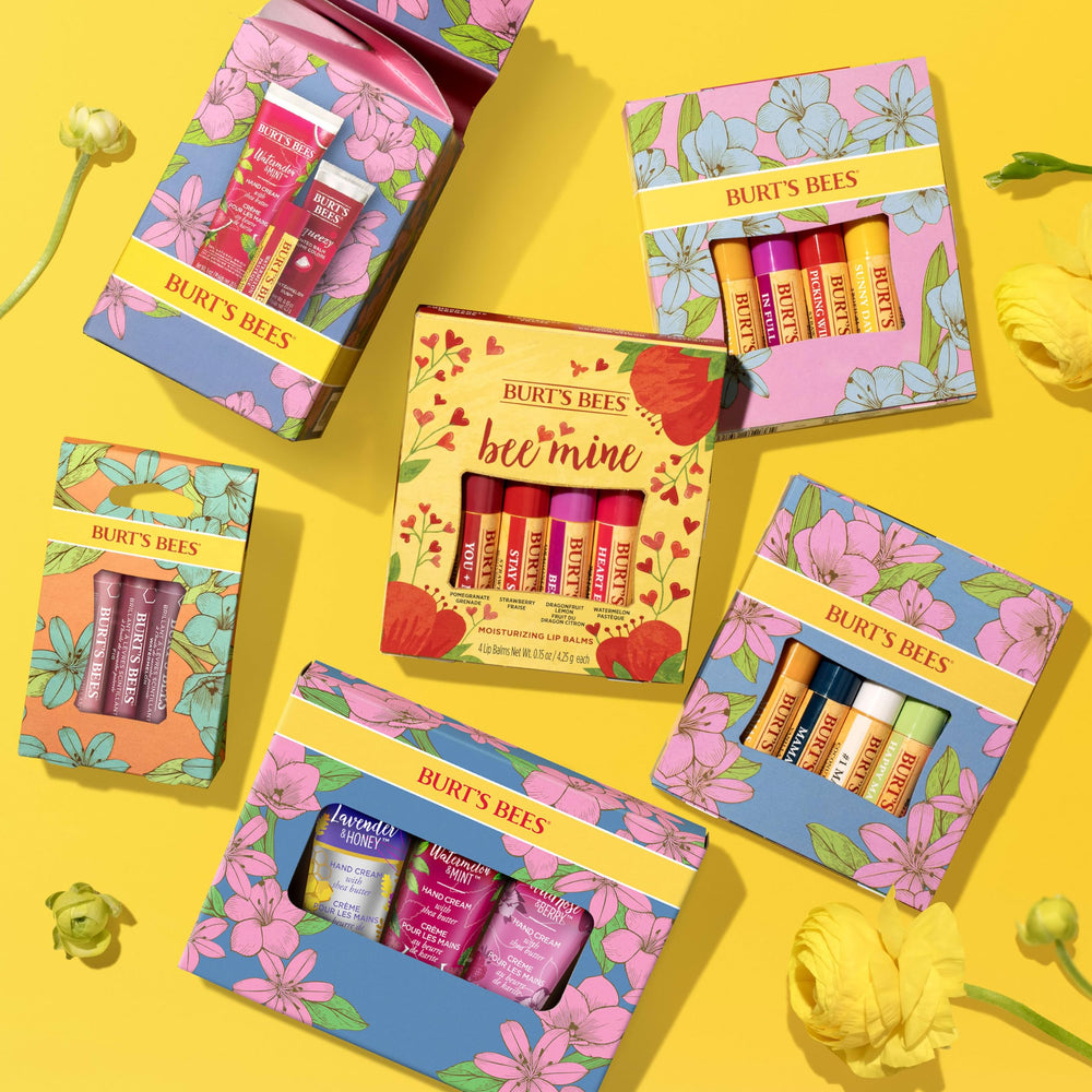 Burt's Bees gift box styled with ribbon to show present-ready appeal