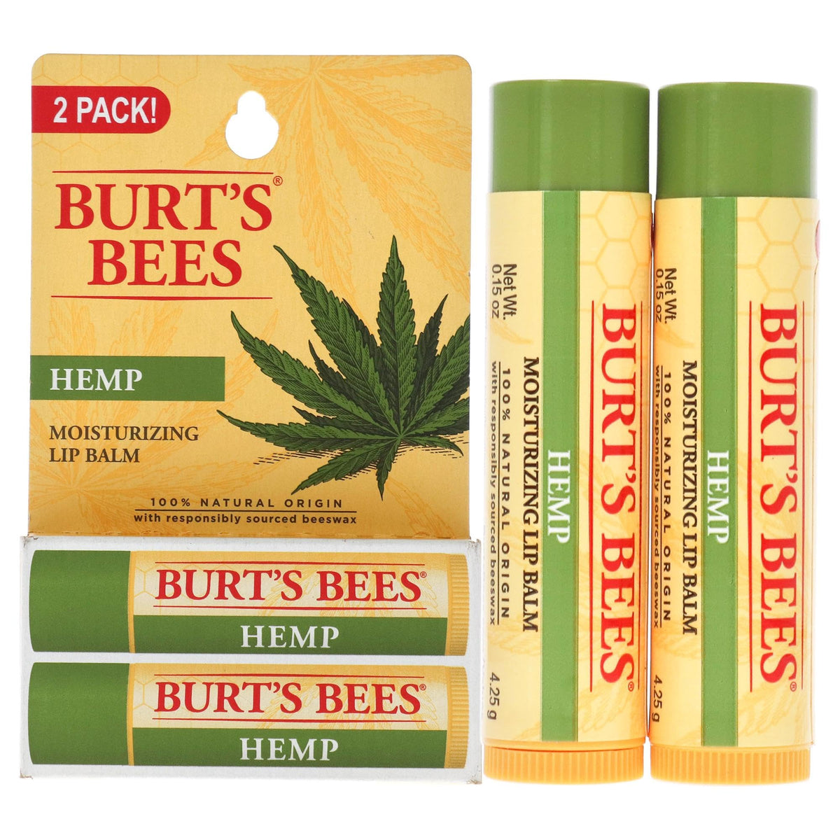 Burt's Bees front tube showing hemp lip balm label and clarity of ingredients