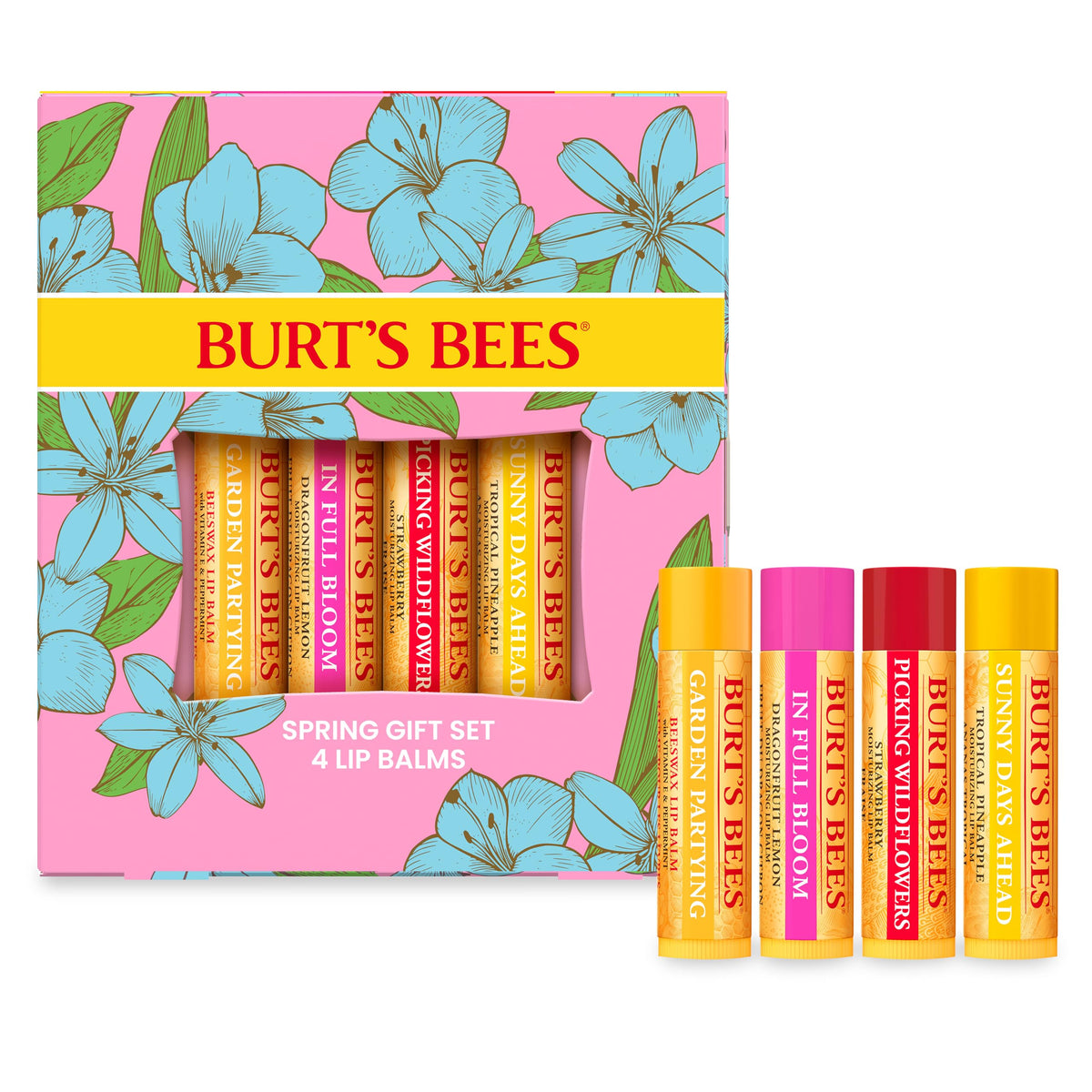 Burt's Bees front packaging showing four lip balm tubes and spring graphics for gifting