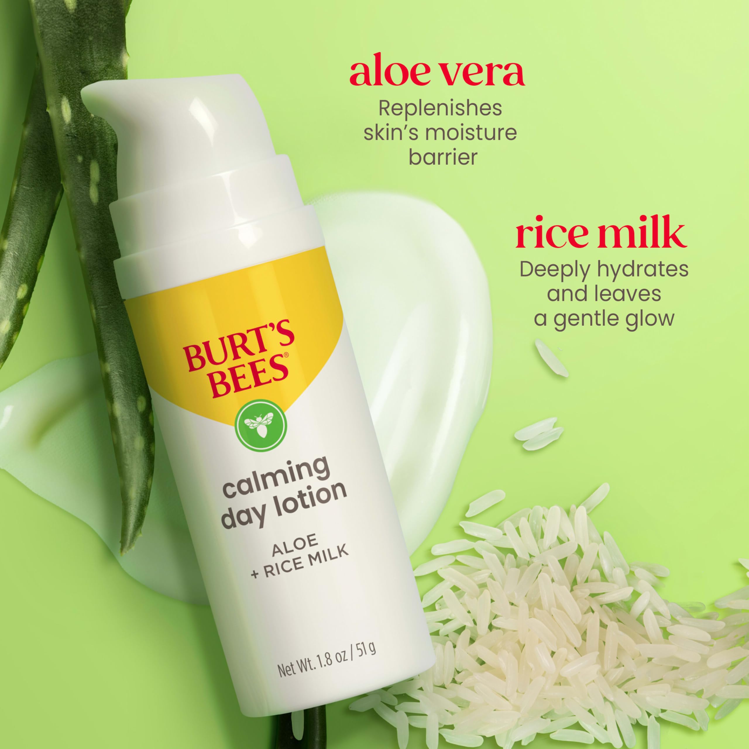 Burt's Bees aloe and rice milk ingredients staged to convey soothing nourishment