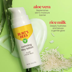 Burt's Bees aloe and rice milk ingredients staged to convey soothing nourishment