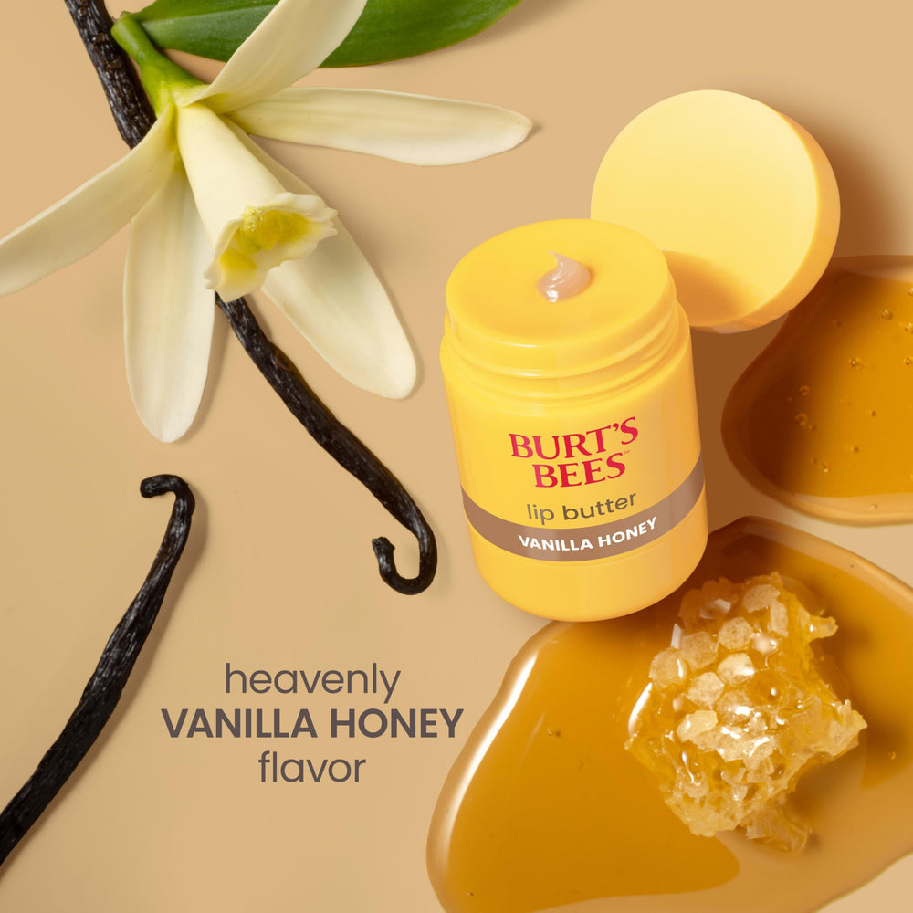 Burt's Bees ingredients display shea, mango butters, and beeswax benefits