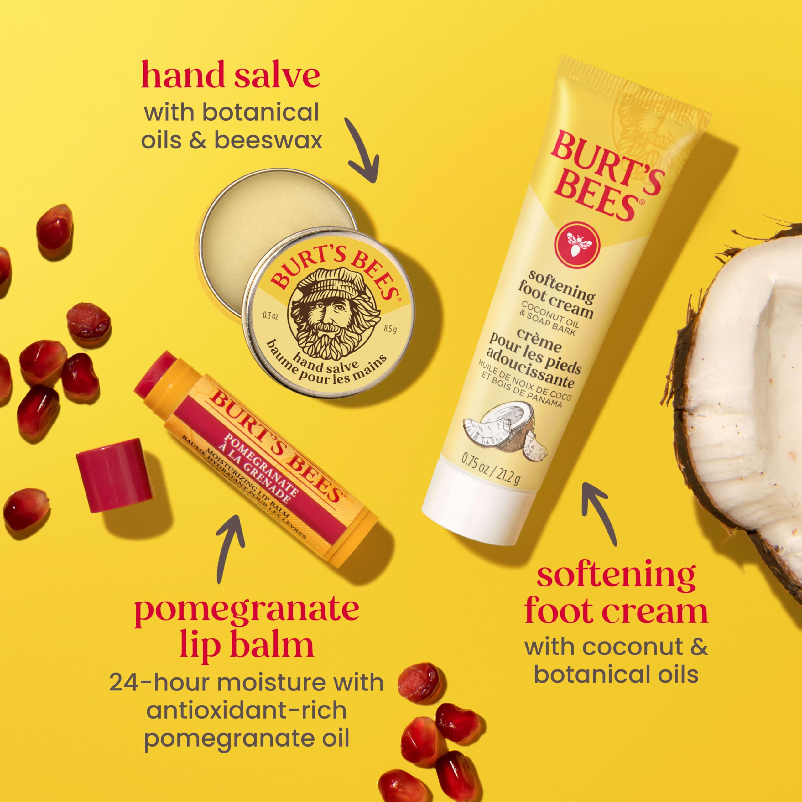 Burt's Bees kit contents arranged on wood table demonstrating full set benefit