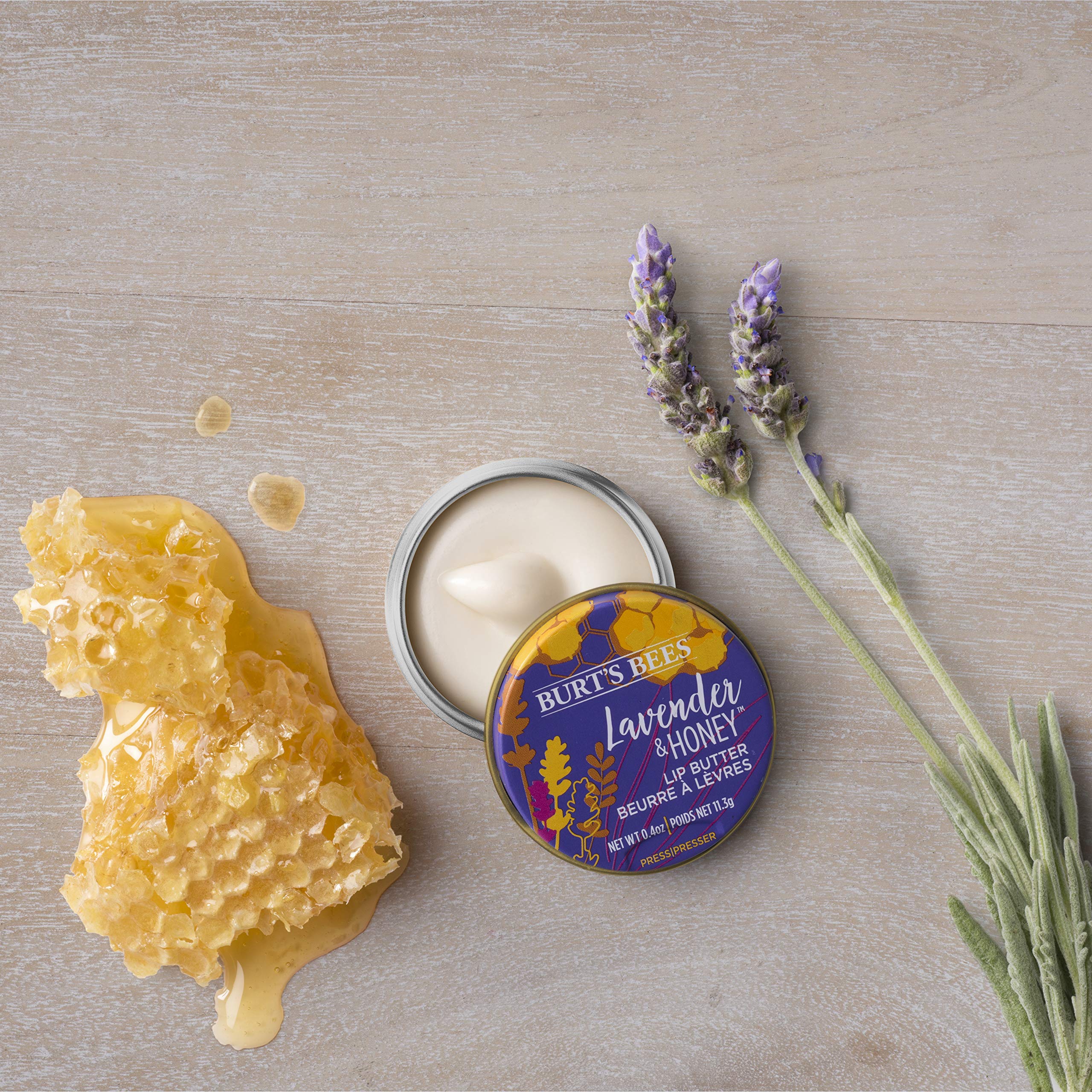 Burt's Bees lavender and honey ingredients display highlighting natural origin benefit