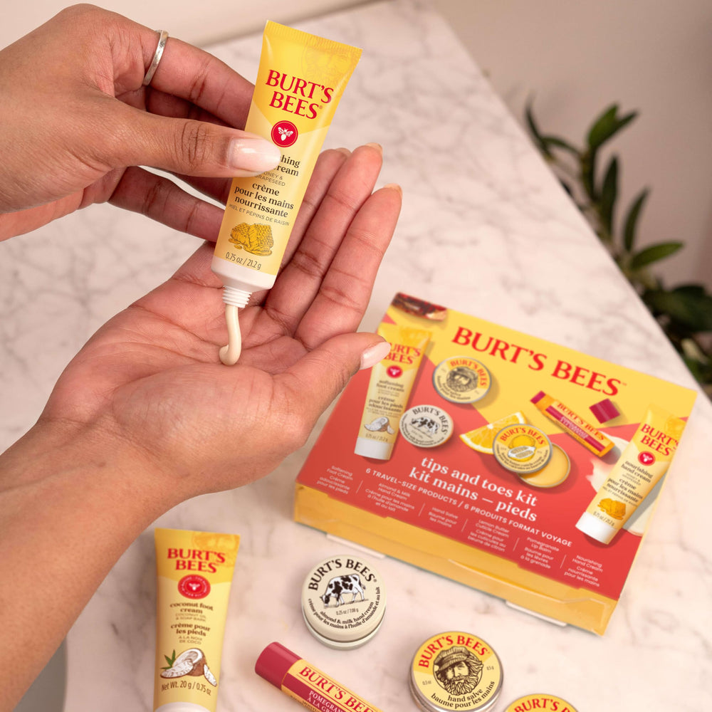 Burt's Bees minis on a bathroom shelf suggesting everyday self-care routine