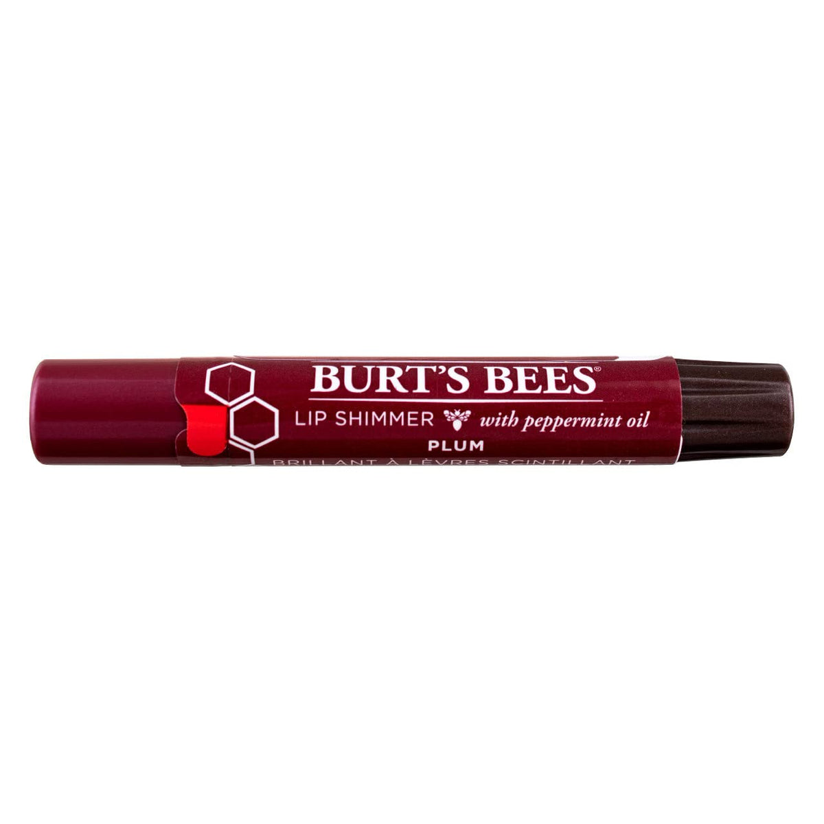 Burt's Bees tube front view showing plum shimmer and compact twist-up design for easy use