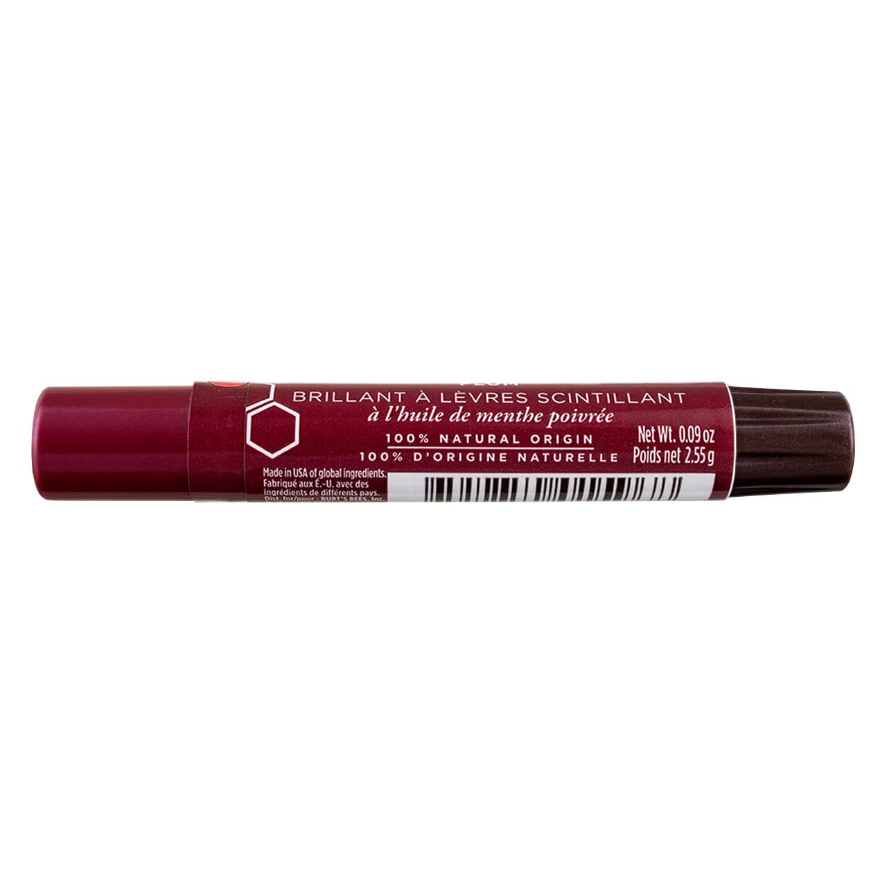 Burt's Bees Lip Shimmer held in hand to show small 0.09 oz size and travel convenience
