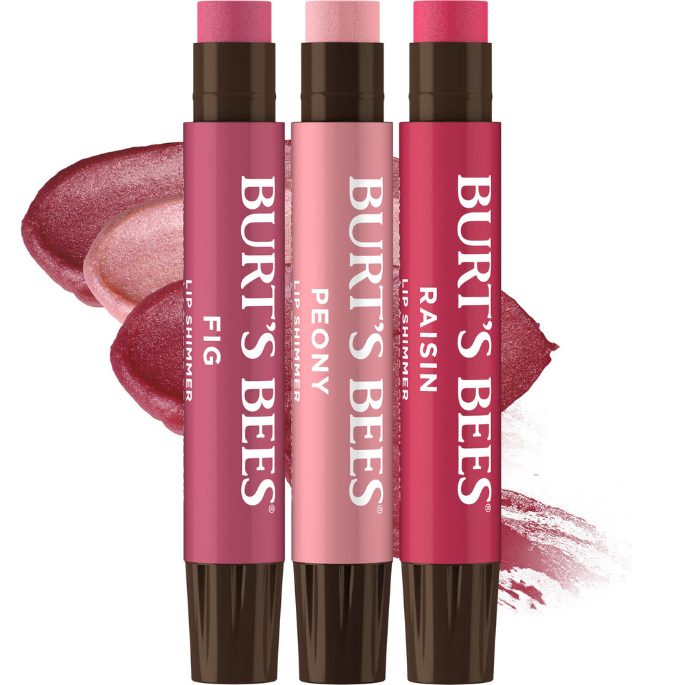 Burt's Bees front packaging showing three tinted shimmer tubes and value pack benefits