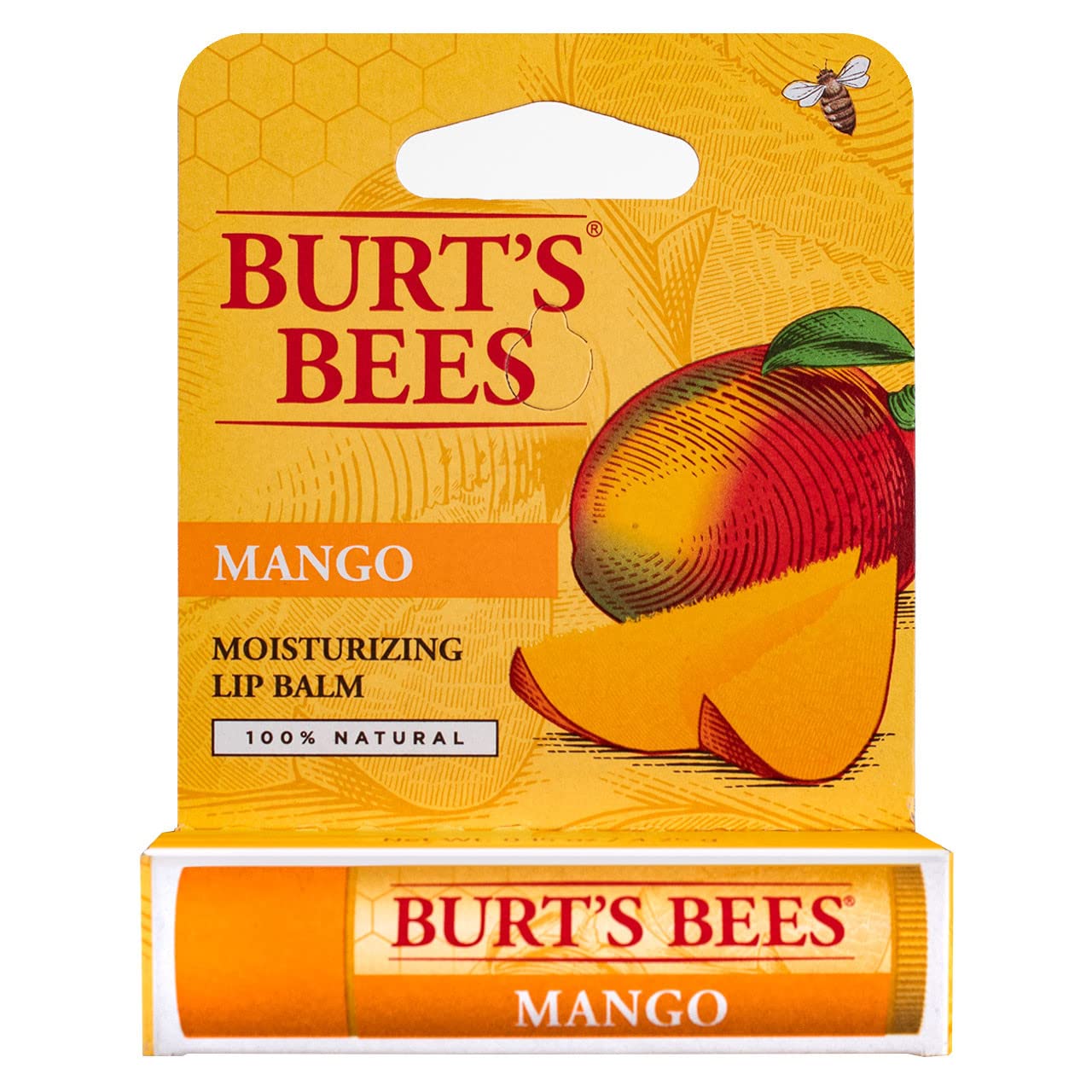 Burt's Bees mango lip balm front packaging showing four tubes and flavor benefit