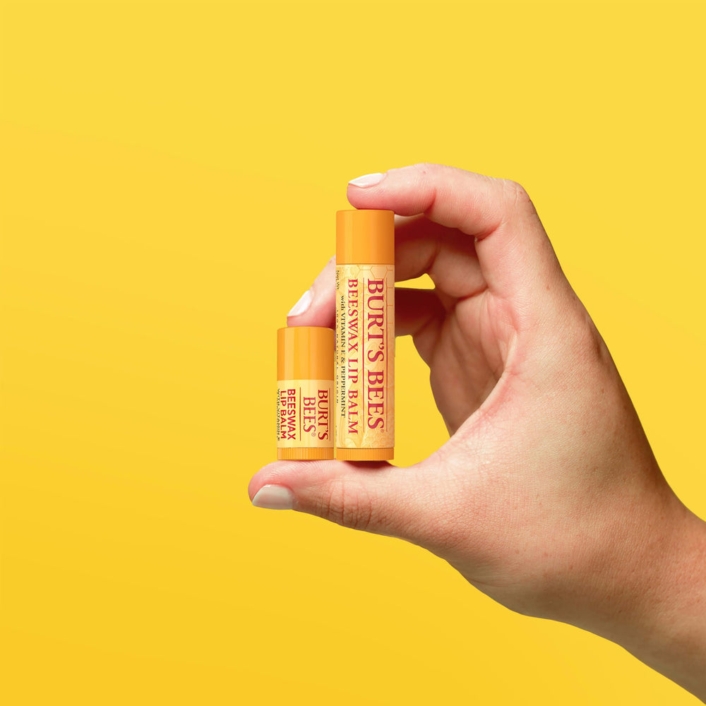 Burt's Bees mini balm next to coin showing compact travel-friendly size