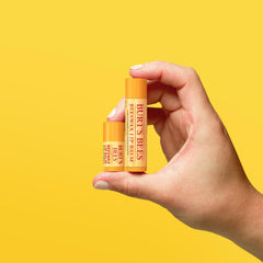 Burt's Bees mini balm next to coin showing compact travel-friendly size